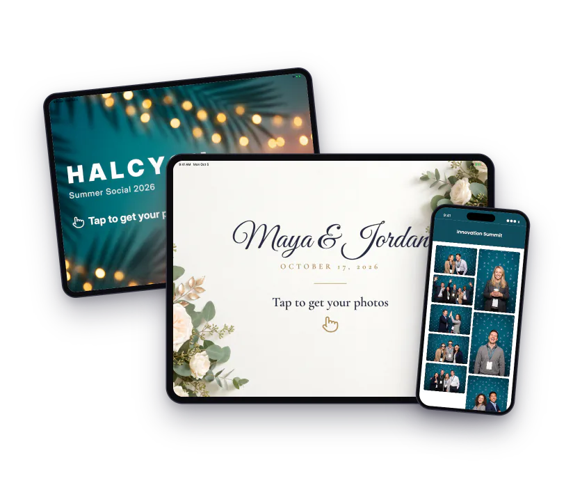A corporate attract screen and a wedding attract screen on iPads, and a branded gallery on a phone
