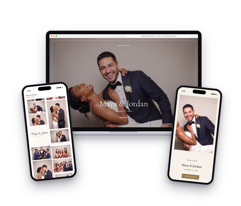 A wedding gallery in the Classic look on a laptop and a phone, and the same gallery in the Garden look