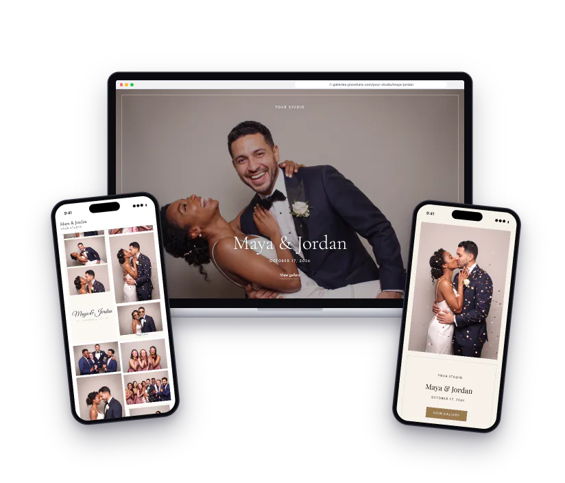 A wedding gallery in the Classic look on a laptop and a phone, and the same gallery in the Garden look