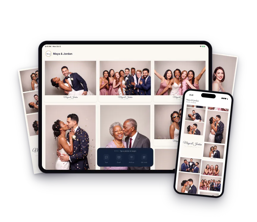 The PixoShare iPad sharing station showing a wedding gallery, with a photo strip and a print behind it and a guest's phone showing their photos