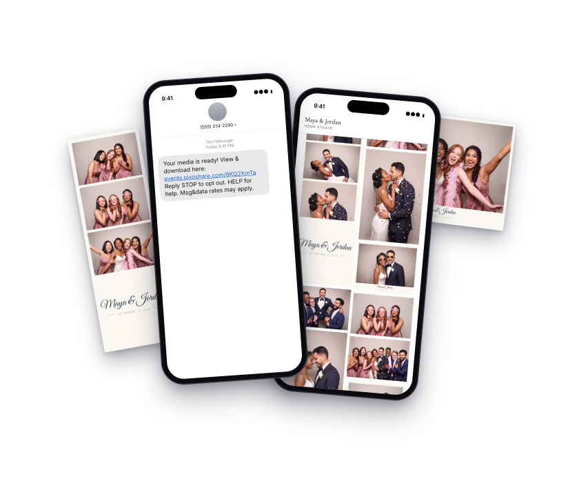 A guest's text message with their link, and the page it opens with their photos