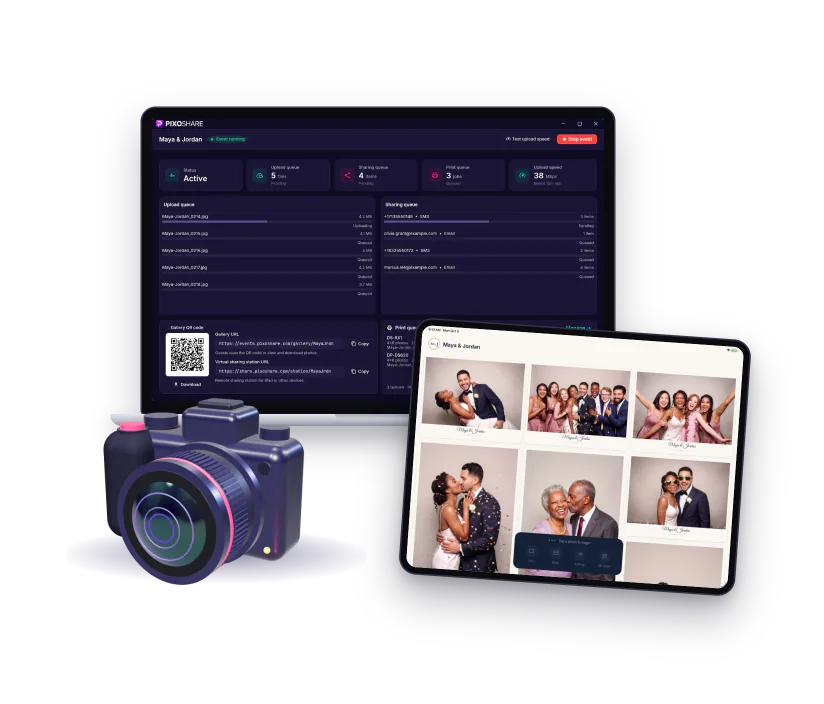 A camera, PixoShare for Windows running the event on a laptop with its upload, sharing and print queues, and the iPad station