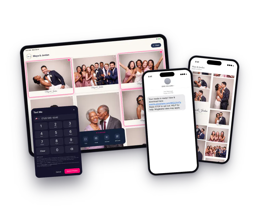 Photos selected on the iPad station, the phone number keypad, the text message and the page it opens