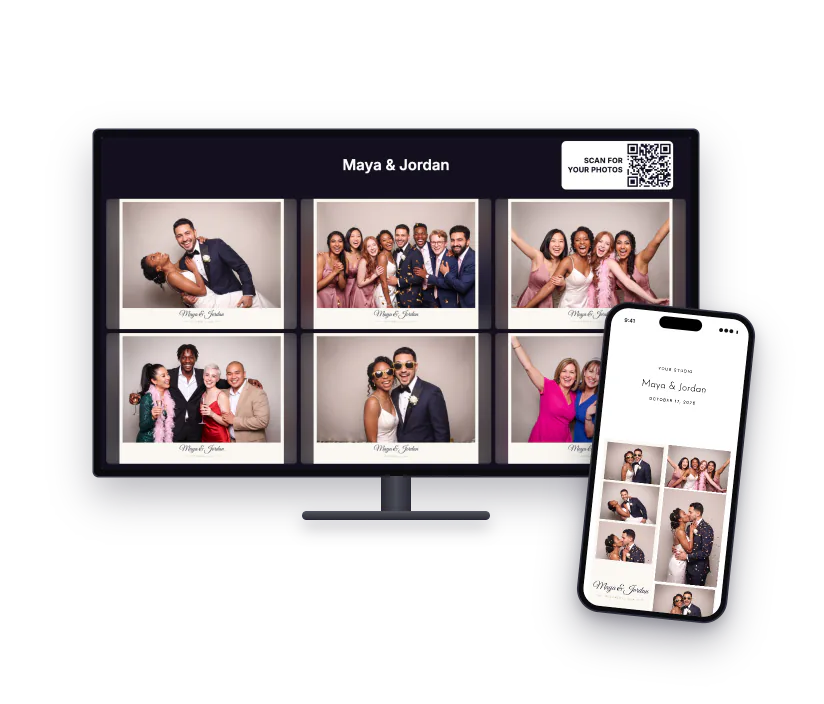 The TV slideshow showing a grid of wedding photos with a QR code, and the Live Gallery on a phone